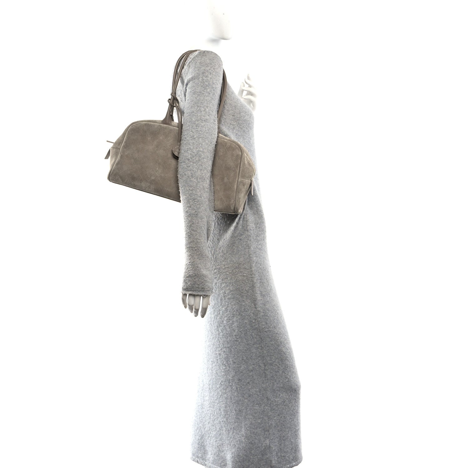 Suede Calfskin Large Perfect Bowling Bag Grey