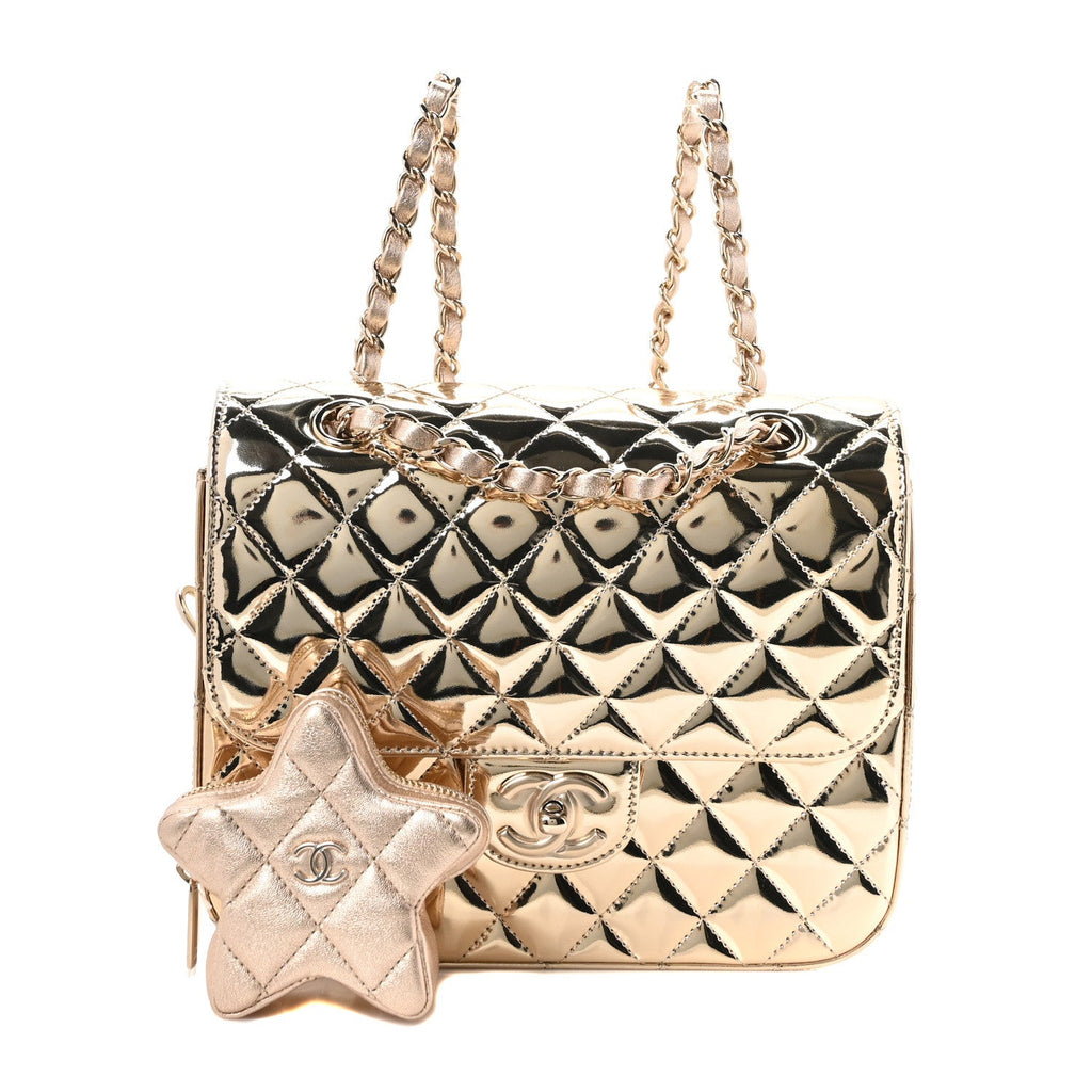Mirror Calfskin Metallic Calfskin Quilted Hollywood Boulevard Backpack With Coin Purse Gold