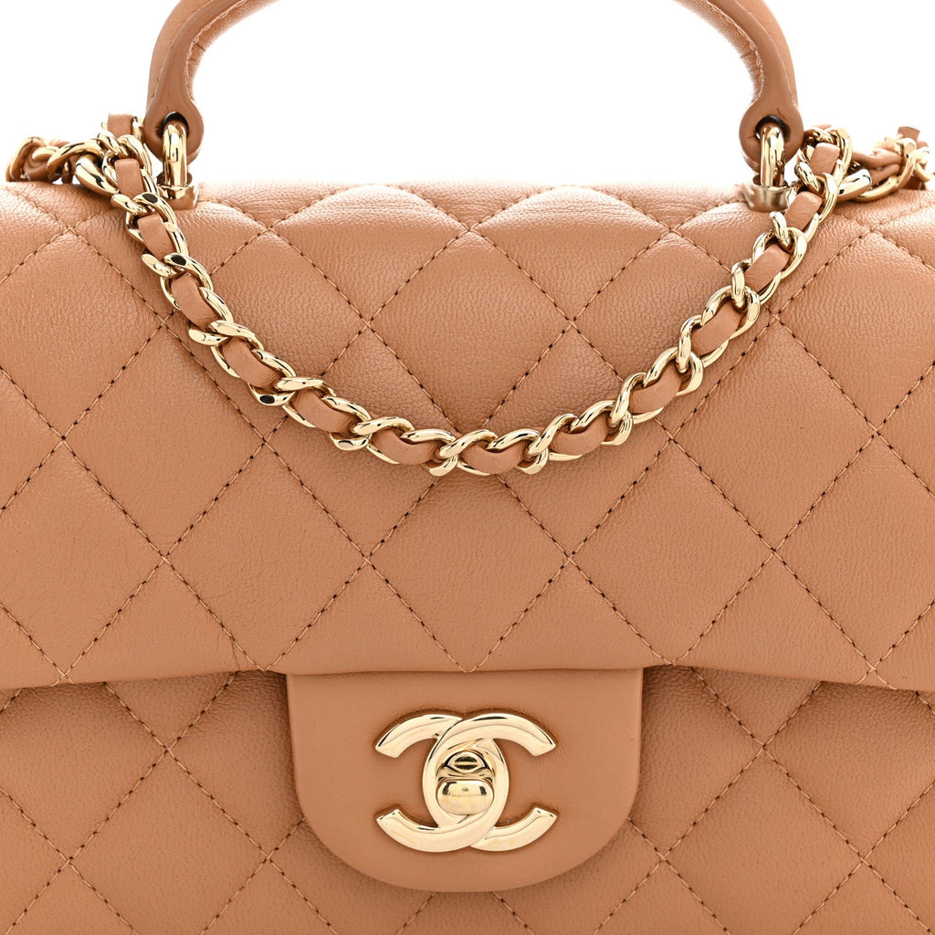 Lambskin Quilted Mini Top Handle Rectangular Flap Dark Beige