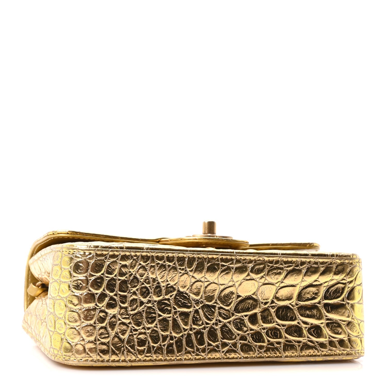 Metallic Calfskin Crocodile Embossed Cocodile Rectangular Mini Flap Gold