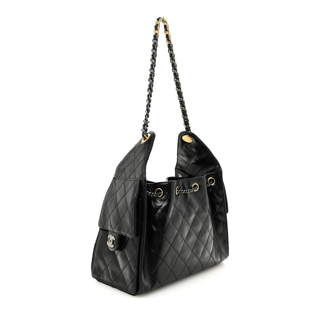 Shiny Crumpled Calfskin Quilted Small Chanel 25 Handbag Black
