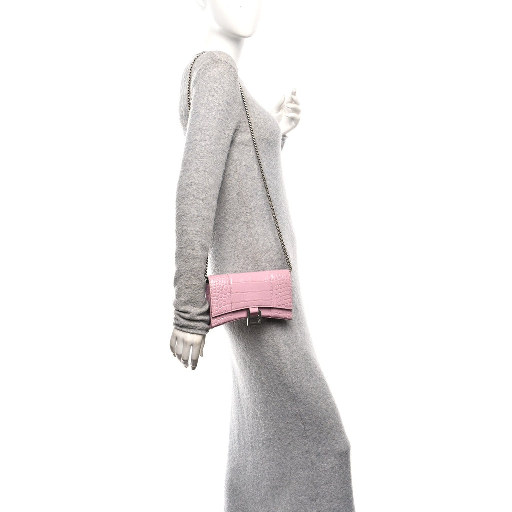 Shiny Calfskin Crocodile Embossed Hourglass Chain Bag Powder Pink