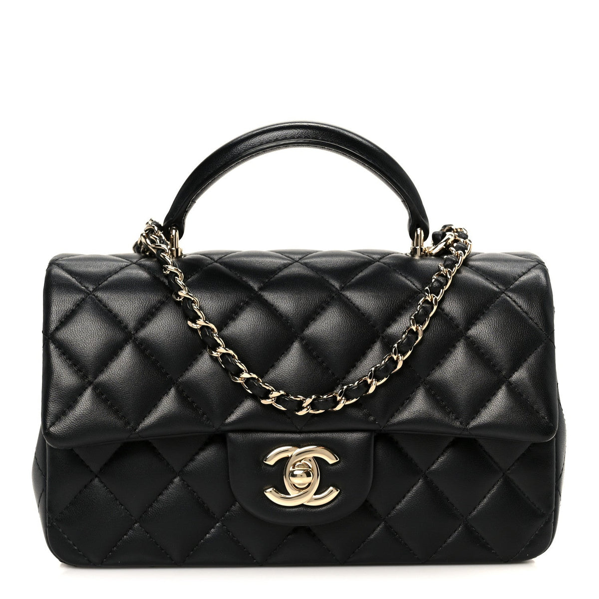 Lambskin Quilted Mini Top Handle Rectangular Flap Black