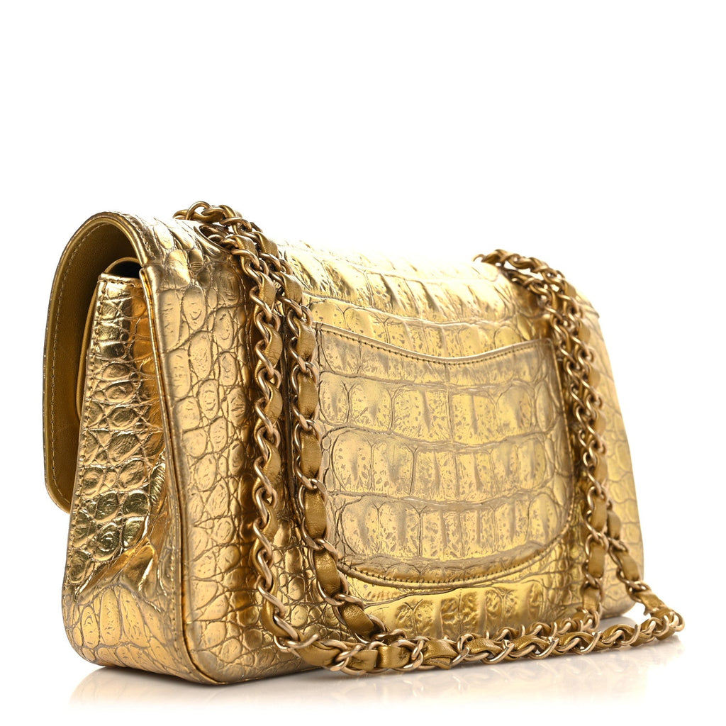 Metallic Calfskin Crocodile Embossed Cocodile Medium Double Flap Gold
