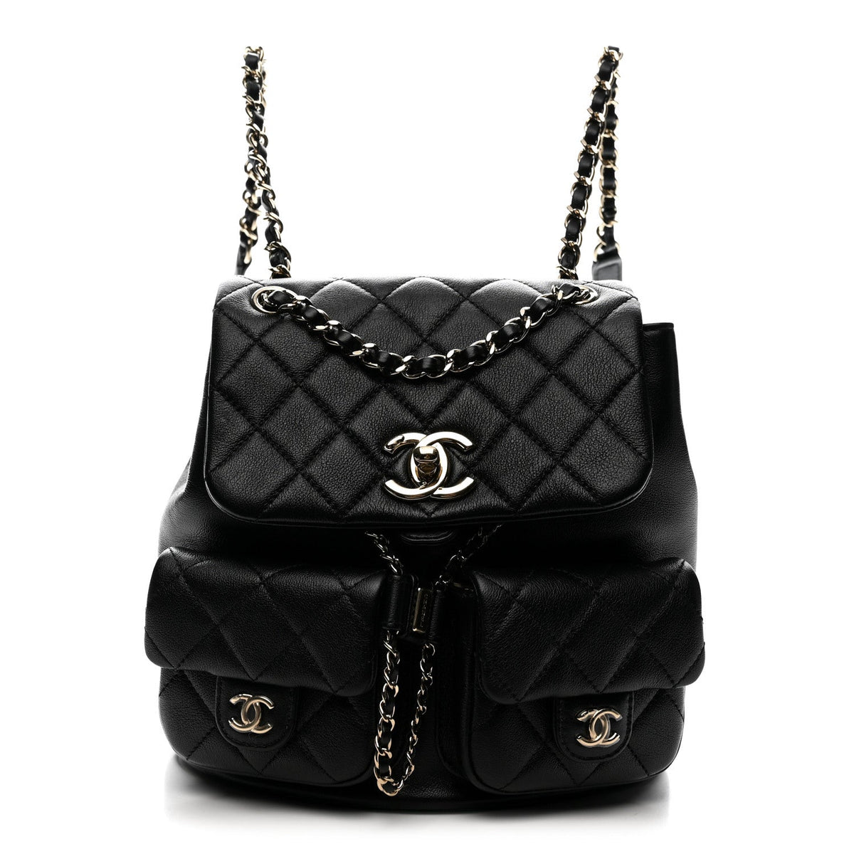 Shiny Caviar Quilted Medium Duma Pockets Drawstring Backpack Black