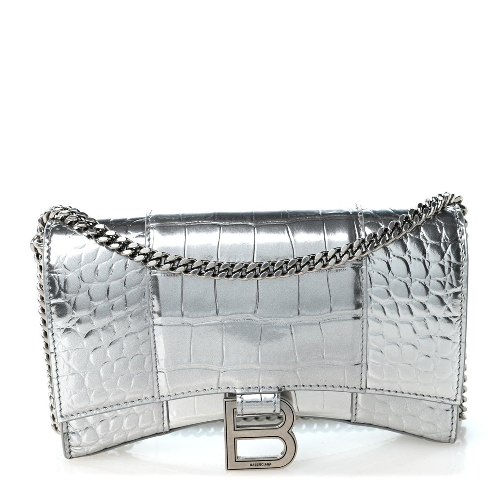 Metallic Calfskin Crocodile Embossed Hourglass Chain Bag Silver