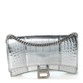 Metallic Calfskin Crocodile Embossed Hourglass Chain Bag Silver