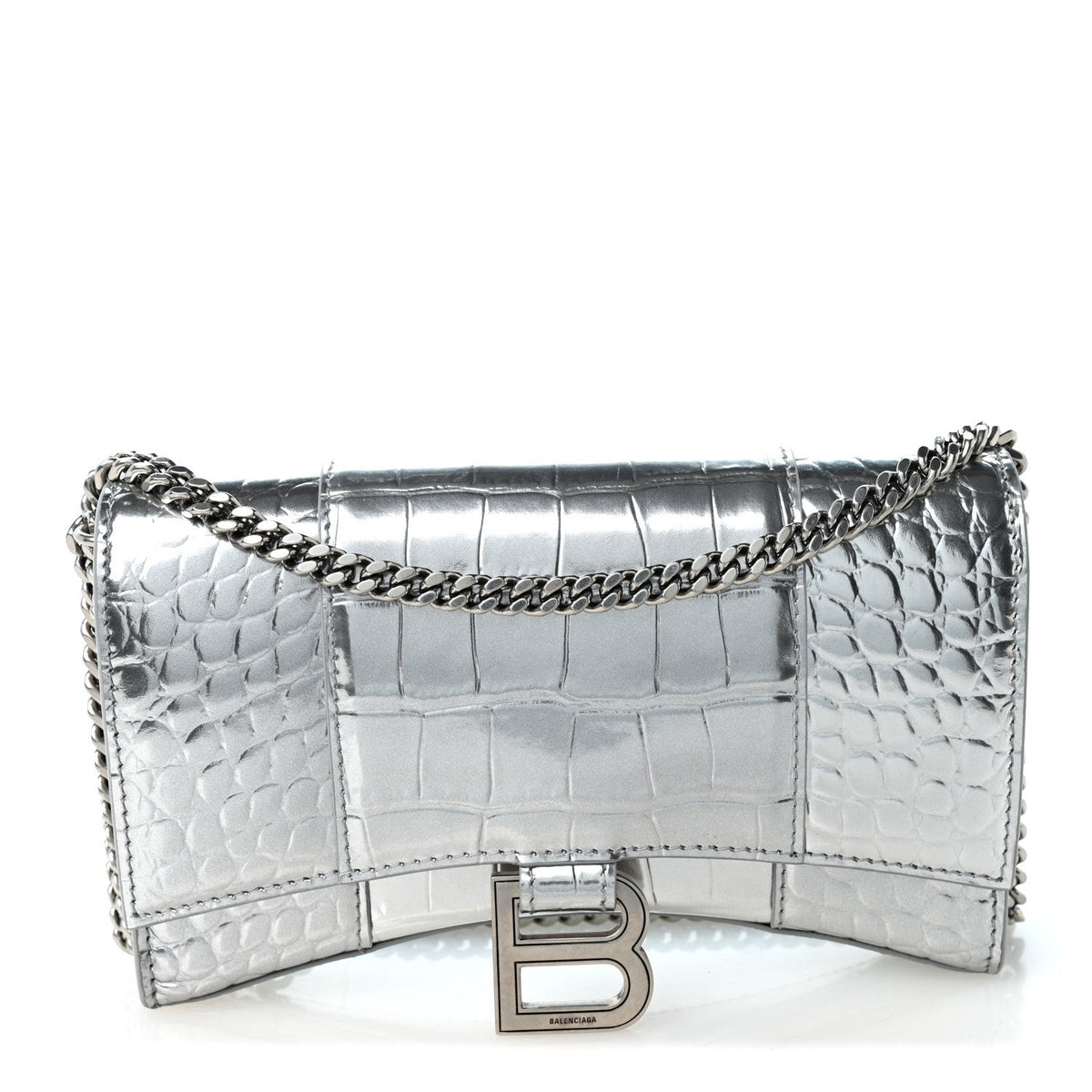 Metallic Calfskin Crocodile Embossed Hourglass Chain Bag Silver
