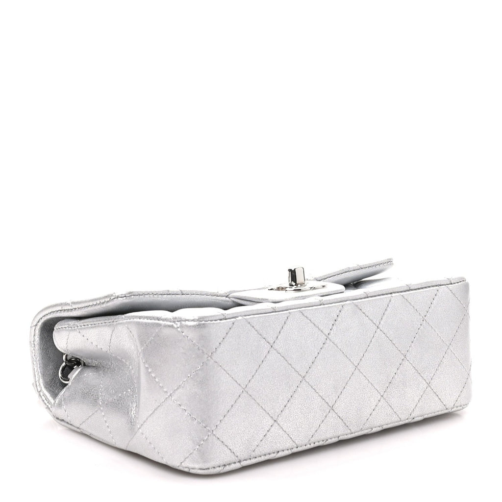 Metallic Lambskin Quilted Mini Rectangular Flap Silver
