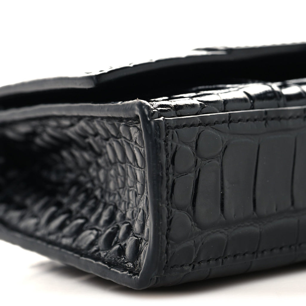 Shiny Calfskin Monochrome Crocodile Embossed Hourglass Chain Bag Black