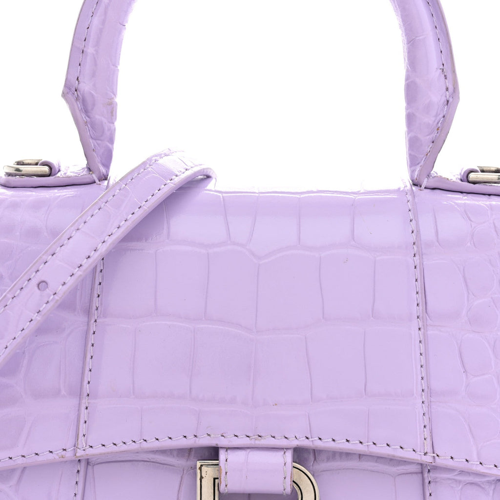 Shiny Calfskin Crocodile Embossed Hourglass Top Handle Bag XS Lilac