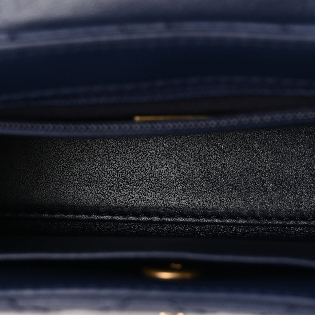Shiny Aged Calfskin Quilted Nano Kelly Shopper Dark Blue