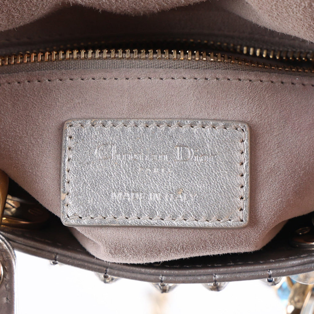 Metallic Calfskin Satin Celestial Bead Embroidery Cannage Mini Lady Dior Silver