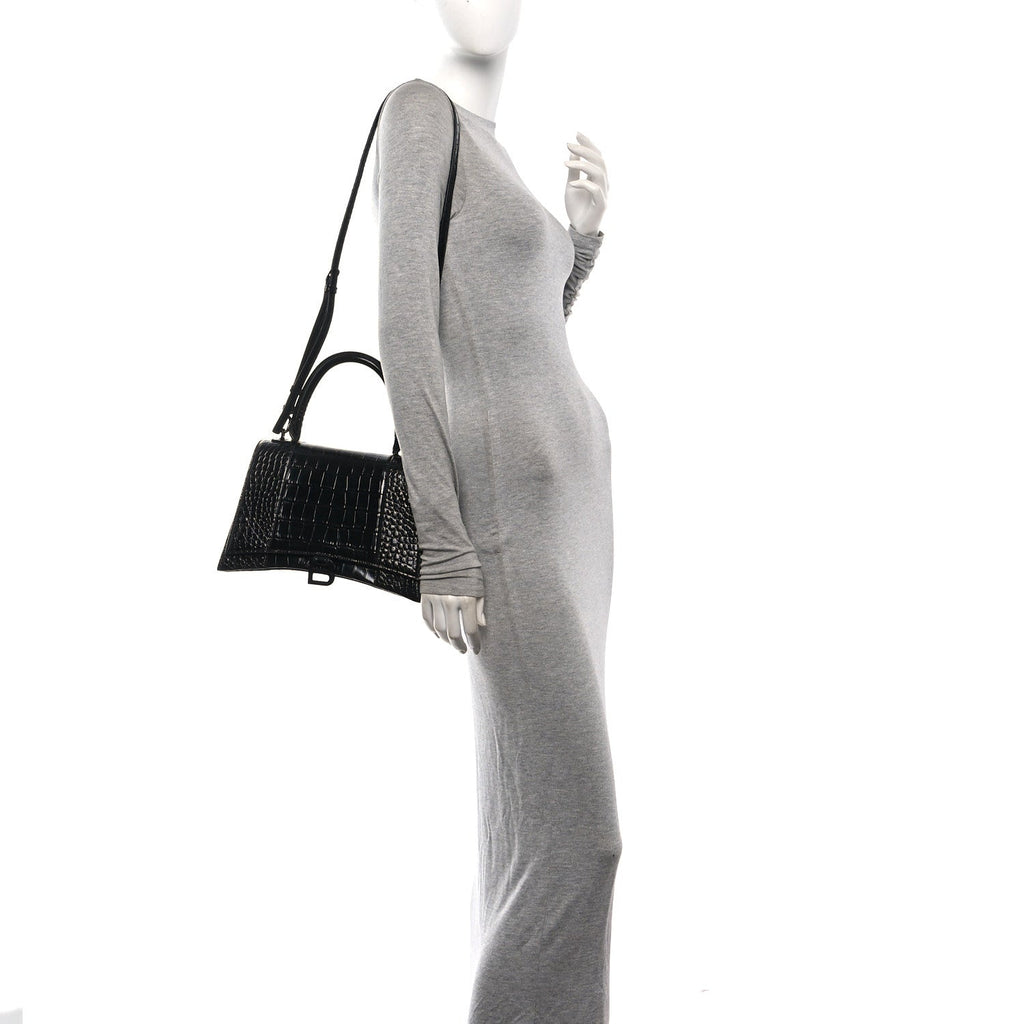 Shiny Calfskin Monochrome Crocodile Embossed Medium Hourglass Top Handle Bag Black