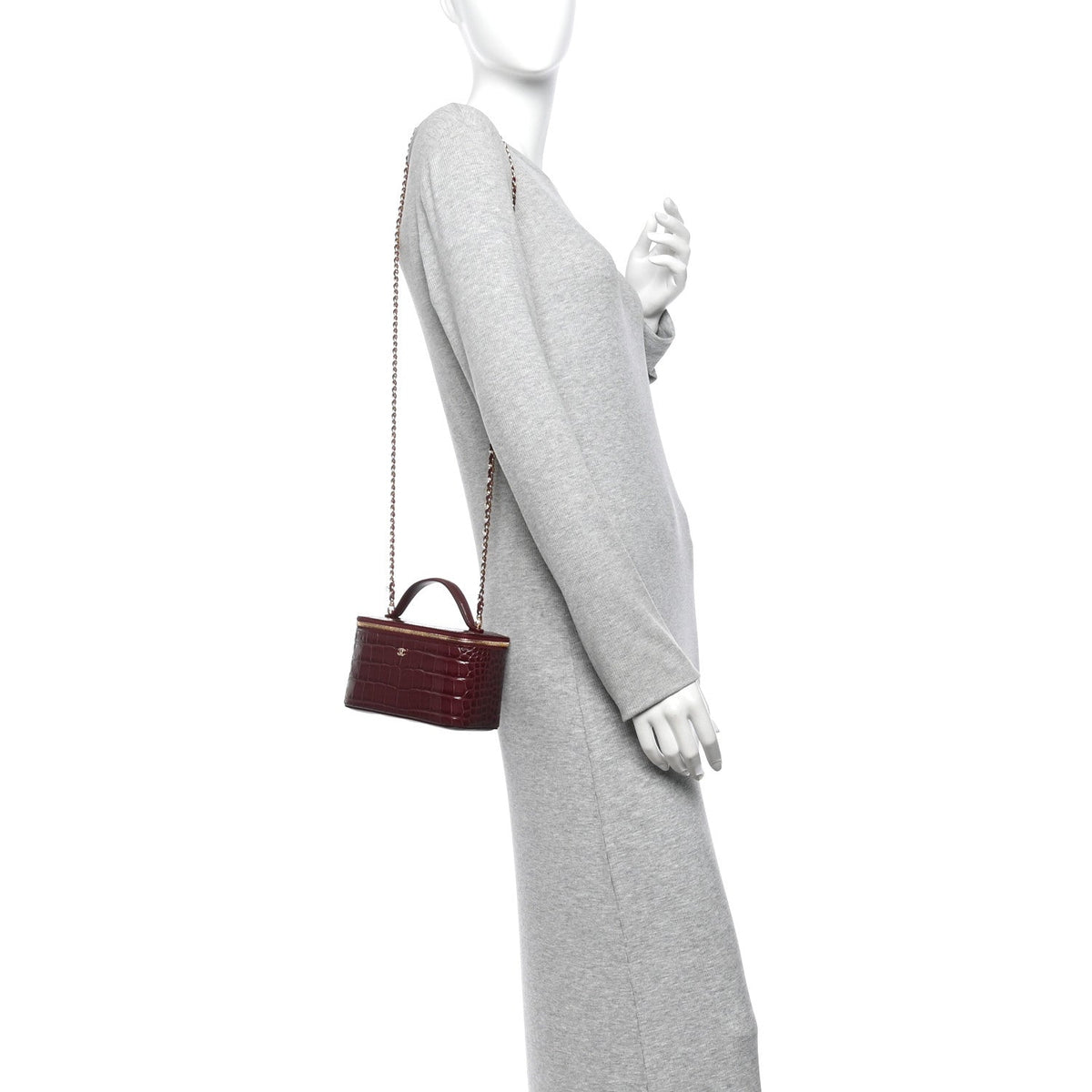 Calfskin Crocodile Embossed Crococo Small Top Handle Vanity Case With Chain Dark Burgundy