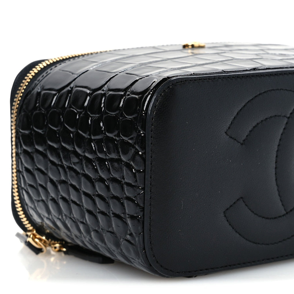 Calfskin Crocodile Embossed Crococo Small Top Handle Vanity Case With Chain Black