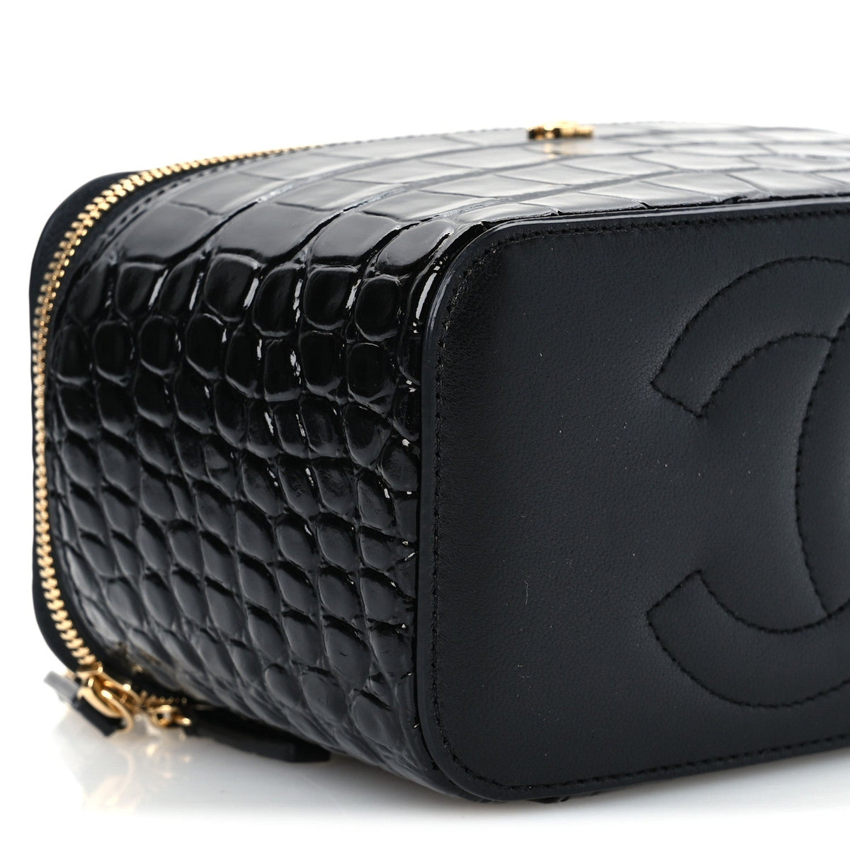 Calfskin Crocodile Embossed Crococo Small Top Handle Vanity Case With Chain Black