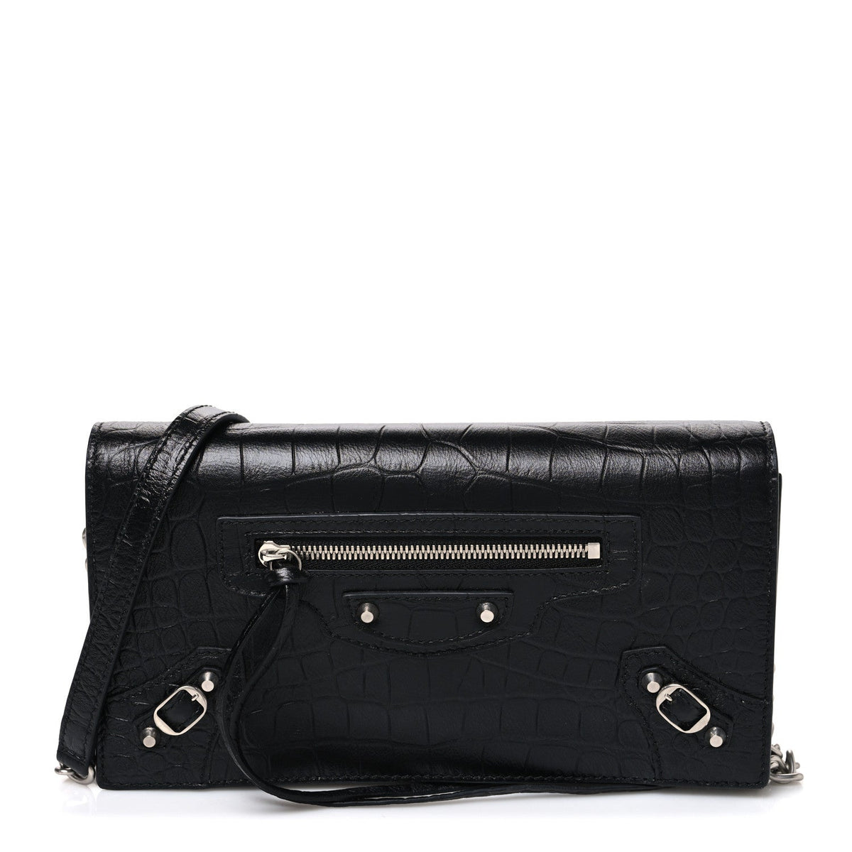Crocodile Embossed Calfskin Classic Silver Hardware Le City Wallet On Chain Silver