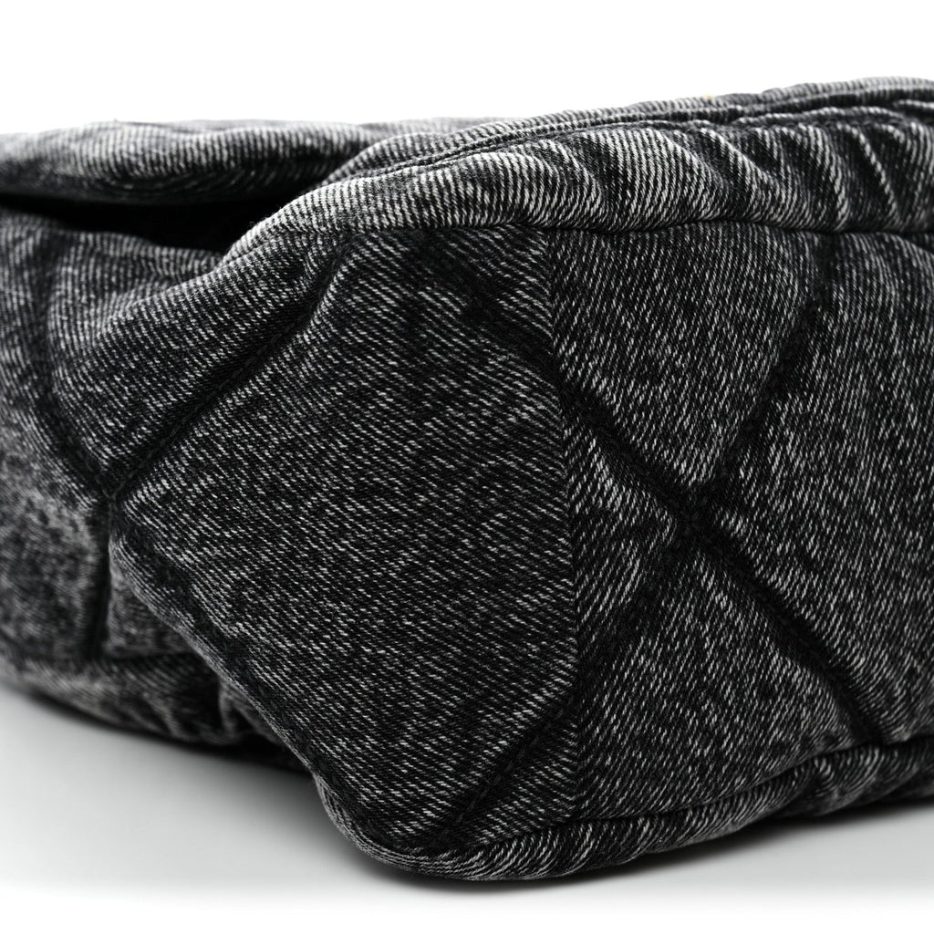 Washed Denim Quilted Large Flap Bag Black