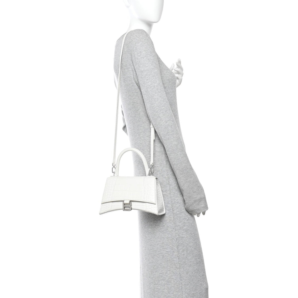 Calfskin Crocodile Embossed Small Hourglass Top Handle Bag White White