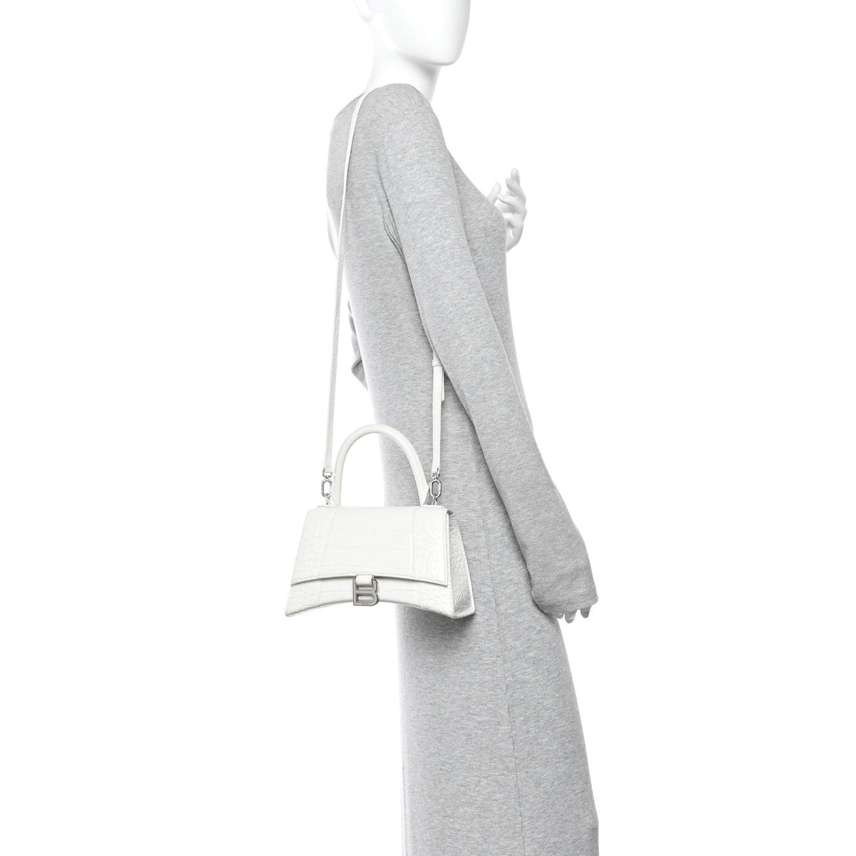 Calfskin Crocodile Embossed Small Hourglass Top Handle Bag White White
