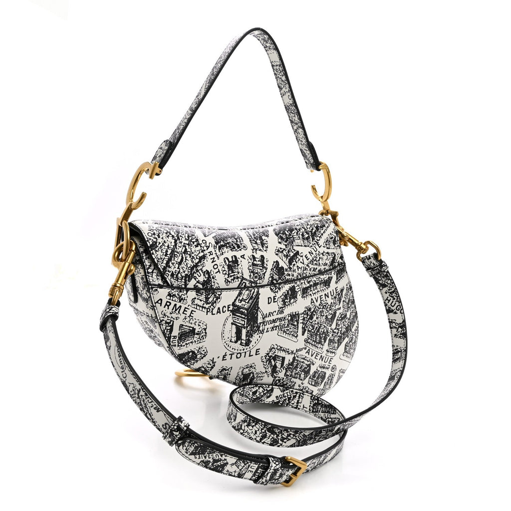 Calfskin Plan De Paris Printed Saddle Bag With Strap White Black
