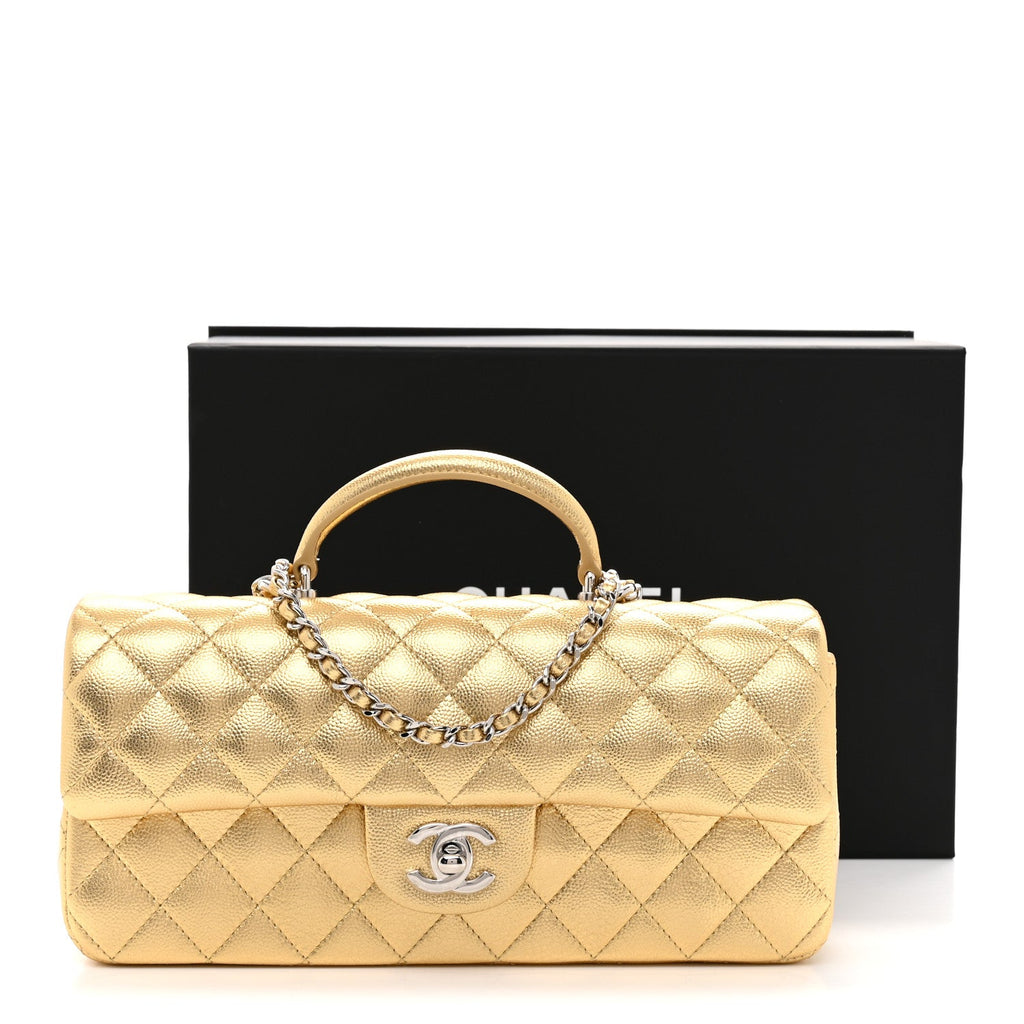 Metallic Caviar Quilted Top Handle East West Flap Gold
