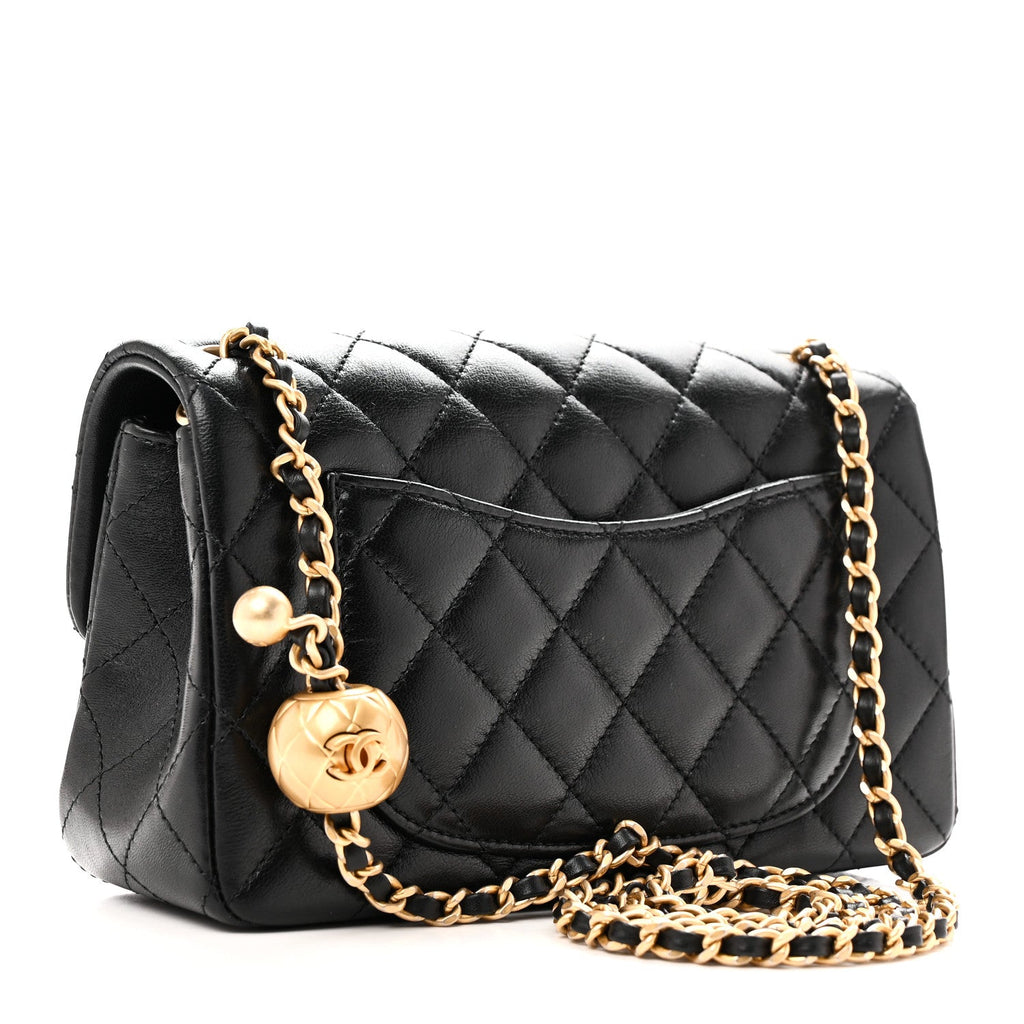 Lambskin Quilted Mini Rectangular Pearl Crush Flap Black