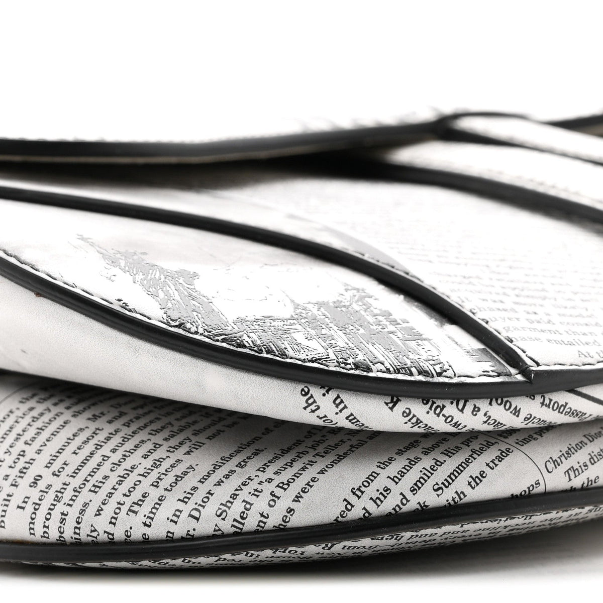 Calfskin Newspaper Printed Saddle Bag With Strap Black White