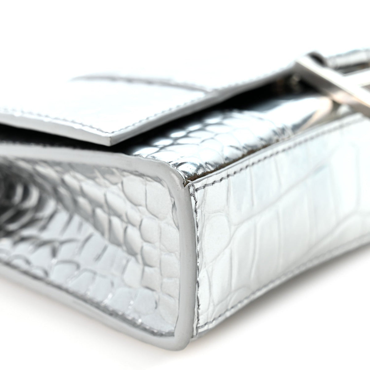 Metallic Calfskin Crocodile Embossed Hourglass Chain Bag Silver