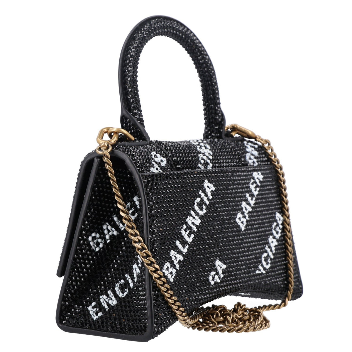 Strass Suede Allover Logo Hourglass Top Handle Bag XS with Chain Black White