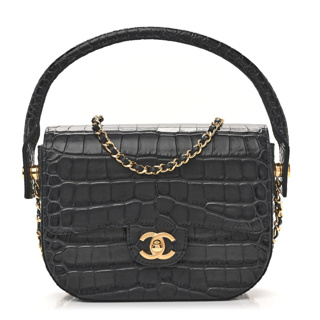 Calfskin Crocodile Embossed Turn Around Mini Flap Dark Grey