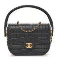 Calfskin Crocodile Embossed Turn Around Mini Flap Dark Grey