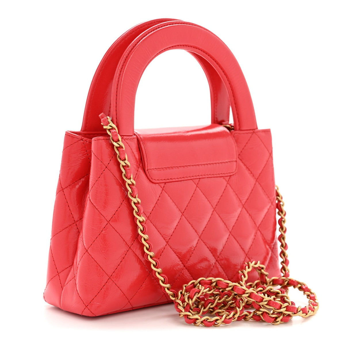 Shiny Aged Calfskin Quilted Nano Kelly Shopper Red