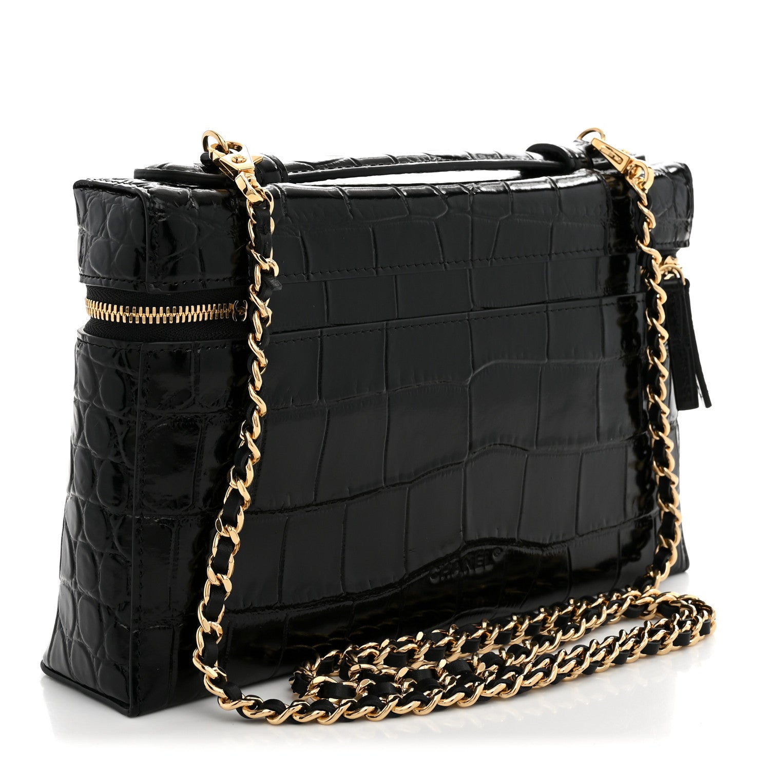 Calfskin Crocodile Embossed Slim Vanity Case With Chain  Black