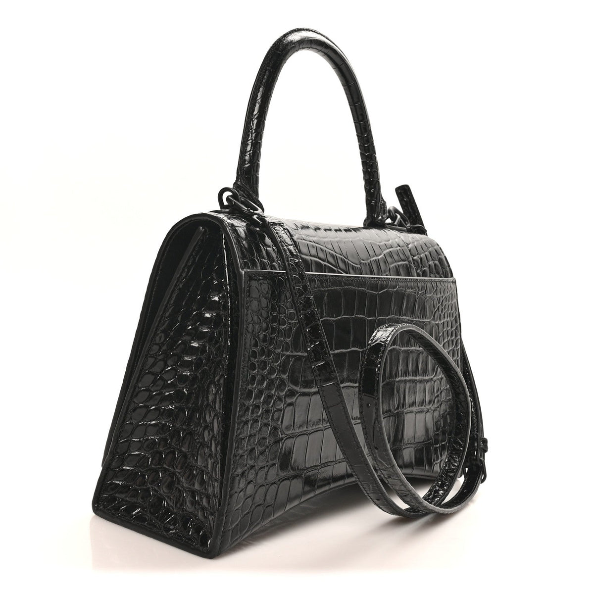 Shiny Calfskin Monochrome Crocodile Embossed Medium Hourglass Top Handle Bag Black
