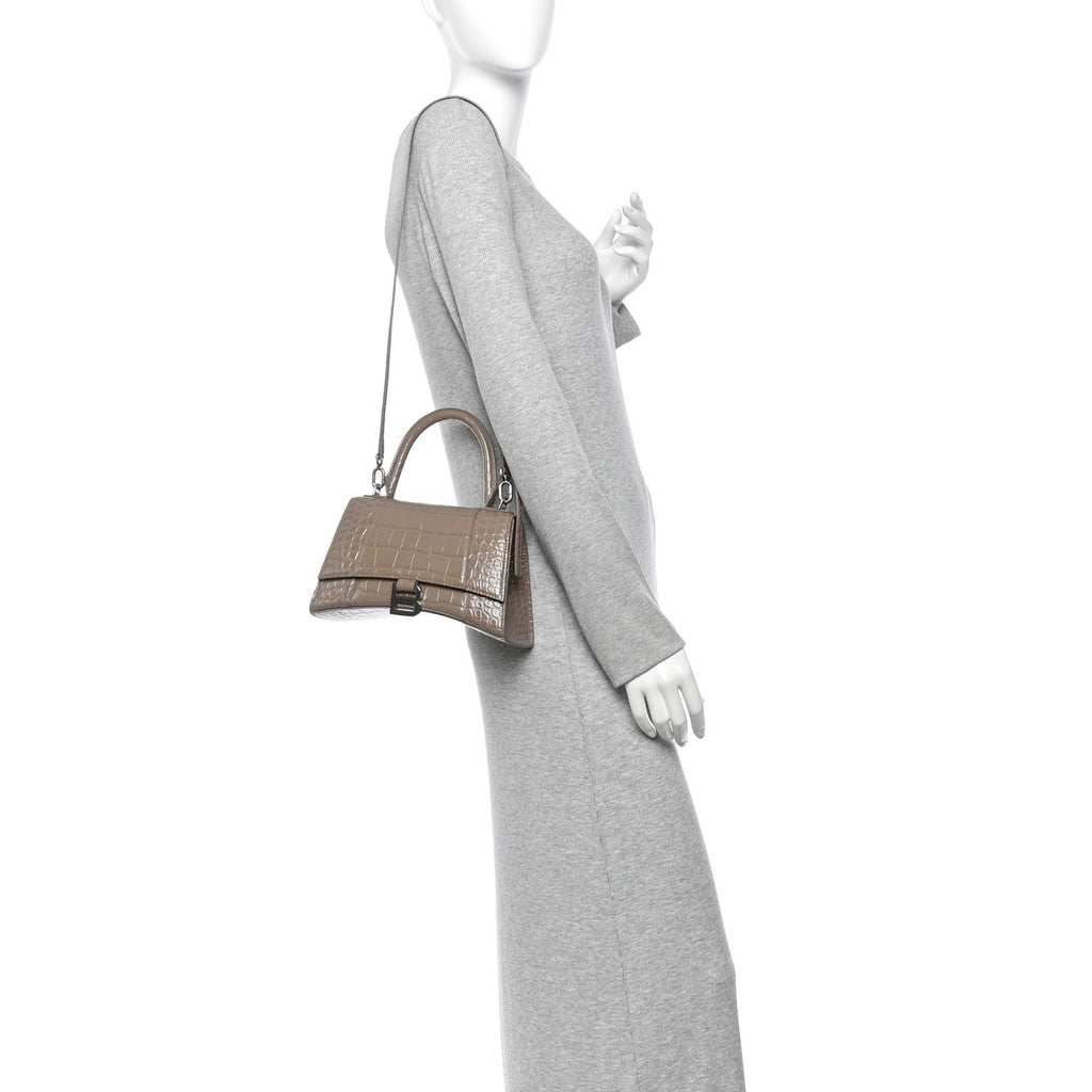 Calfskin Crocodile Embossed Small Hourglass Top Handle Bag Mink Grey