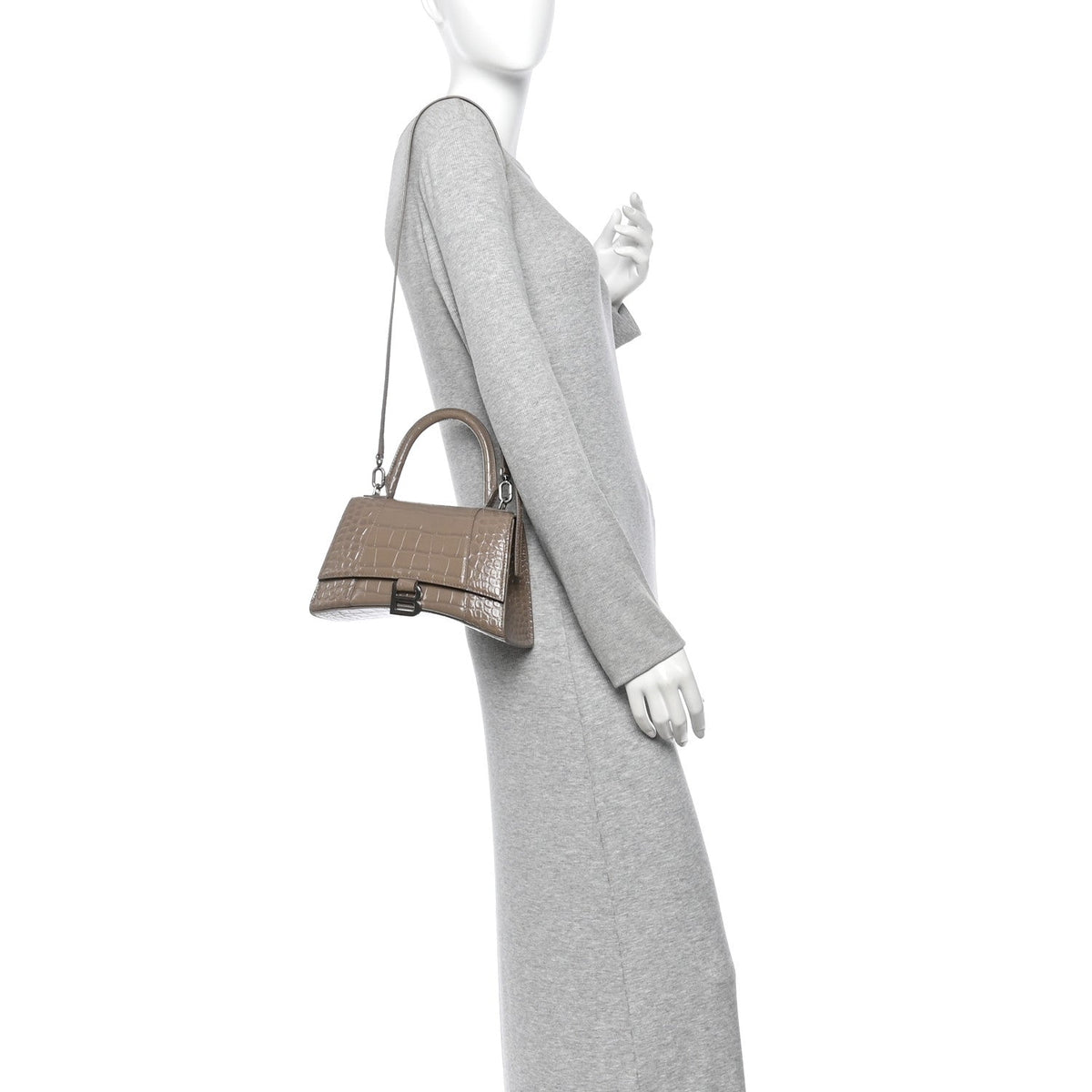 Calfskin Crocodile Embossed Small Hourglass Top Handle Bag Mink Grey
