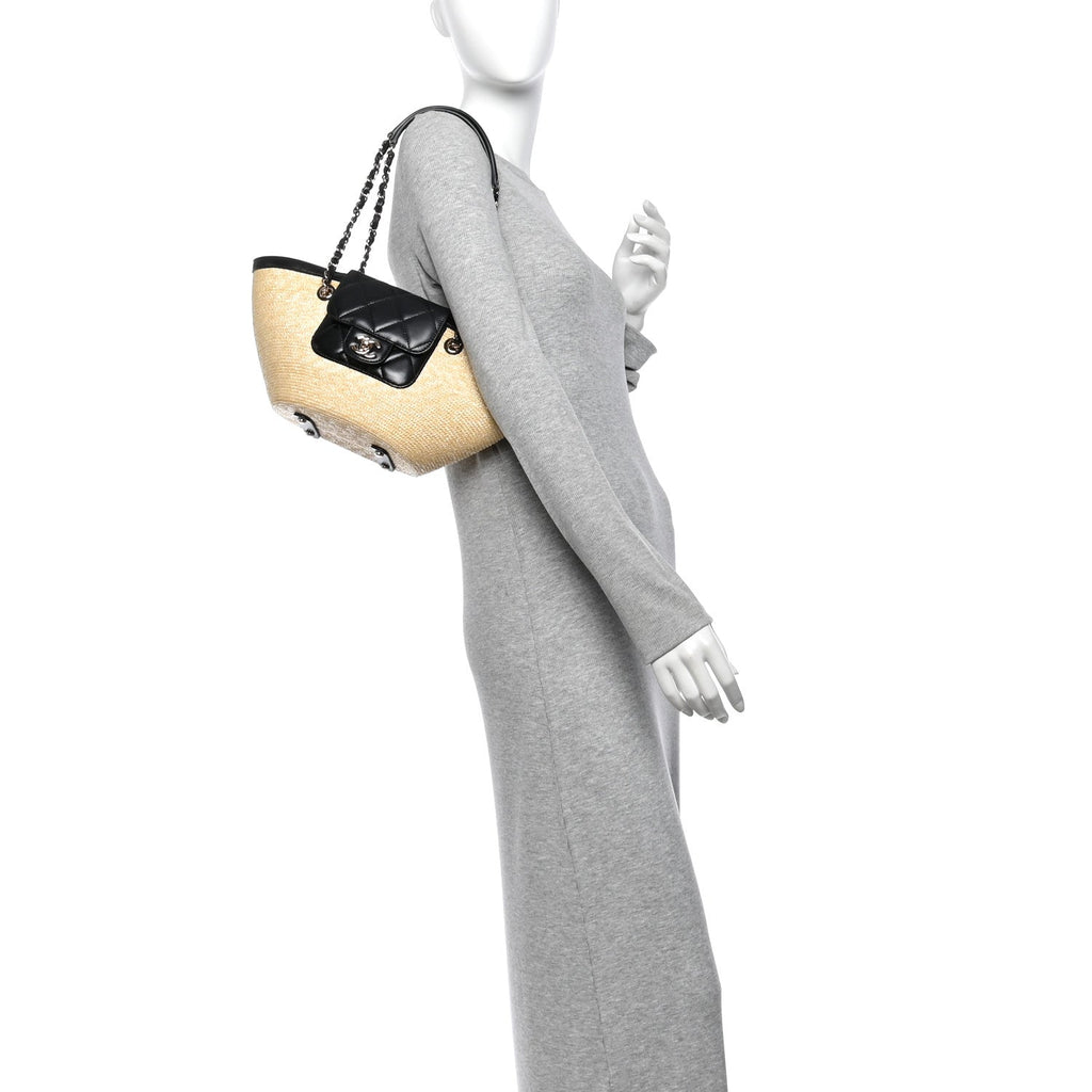Raffia Braided Lambskin Small Shopping Tote Beige Black