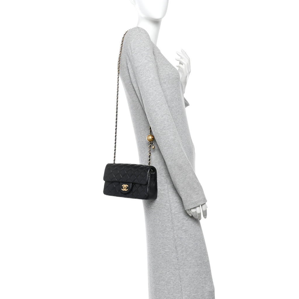 Lambskin Quilted Mini Rectangular Pearl Crush Flap Black