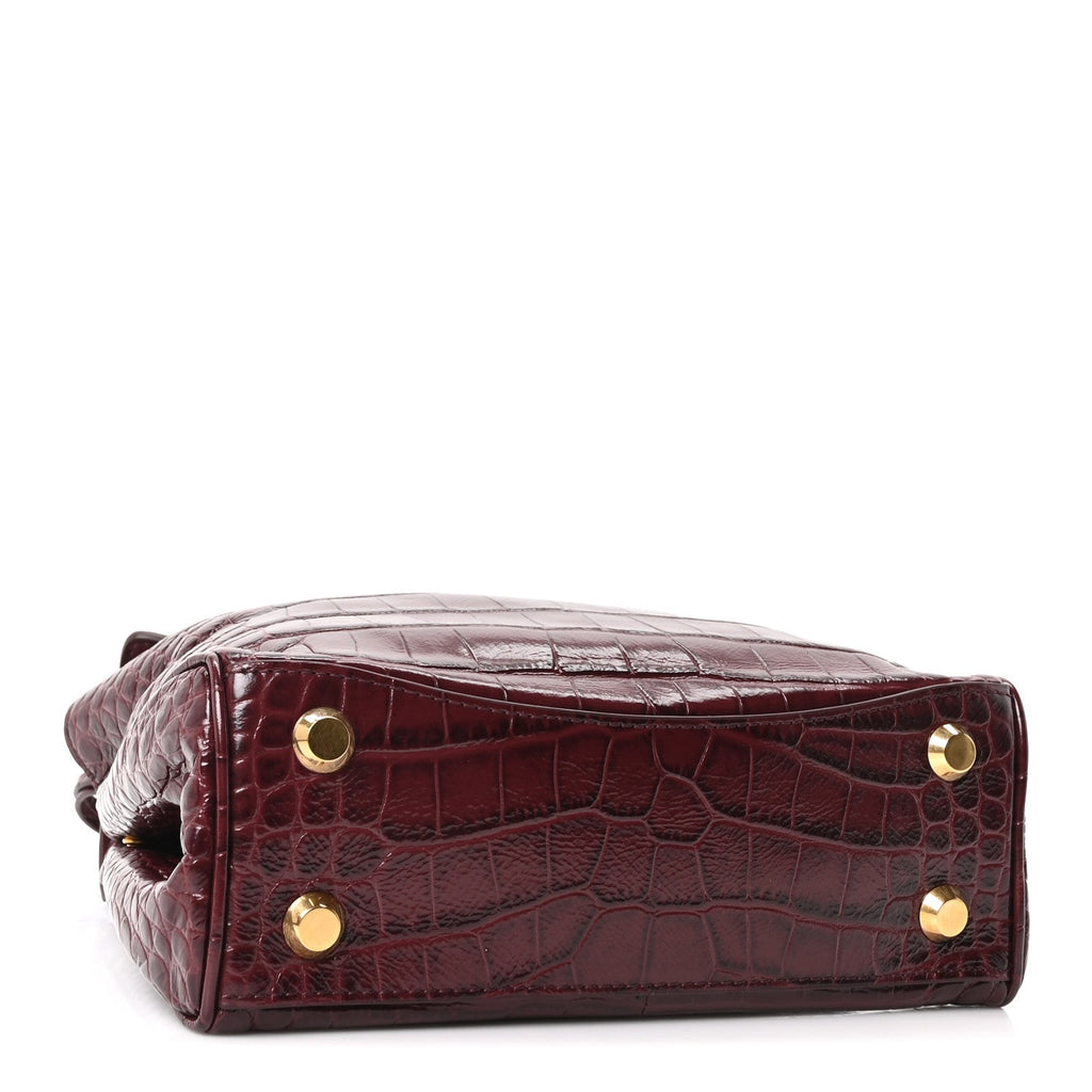 Shiny Calfskin Crocodile Embossed Mini Rodeo Top Handle Handbag Dark Burgundy