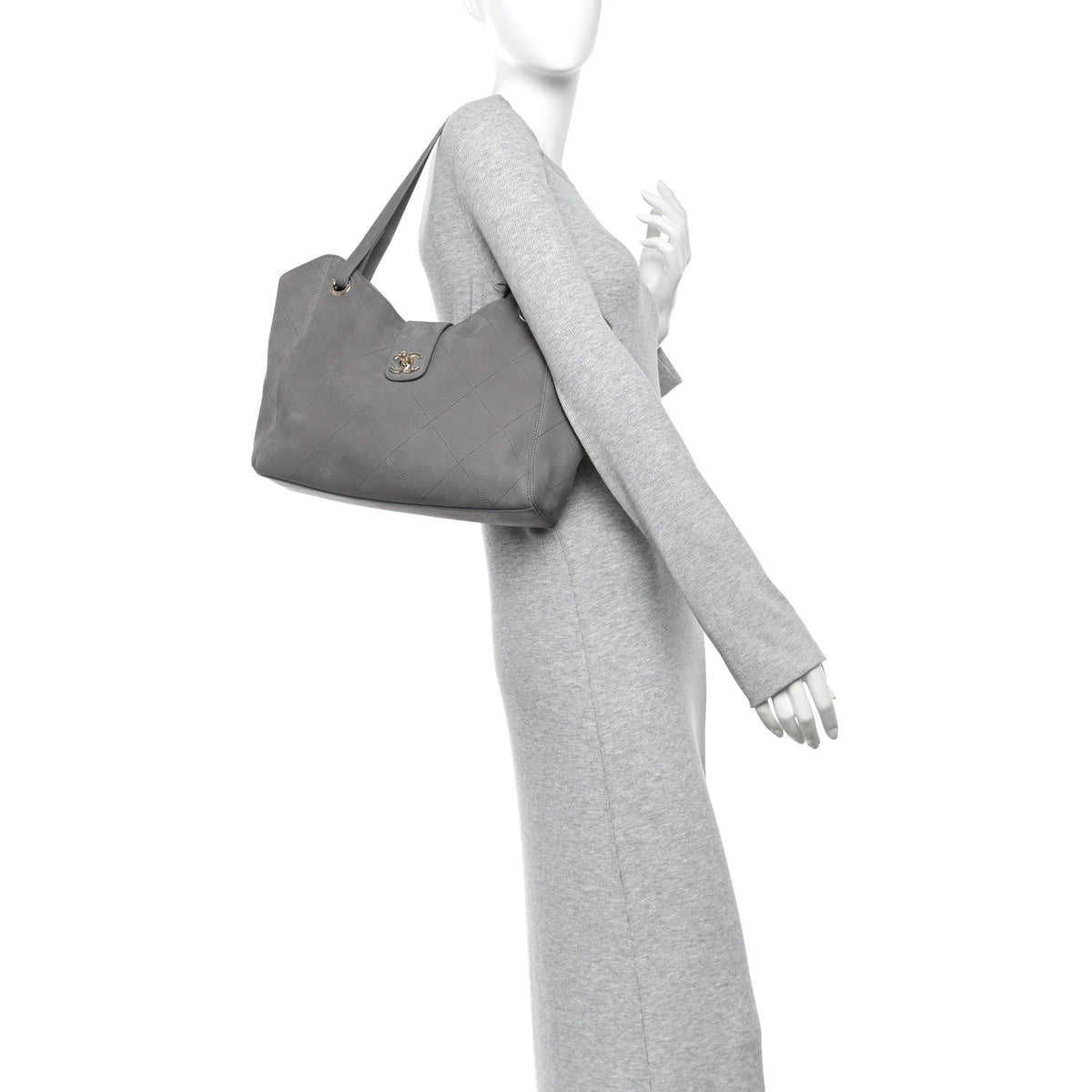 Grained Nubuck Caviar Quilted Large Shopping Bag Grey