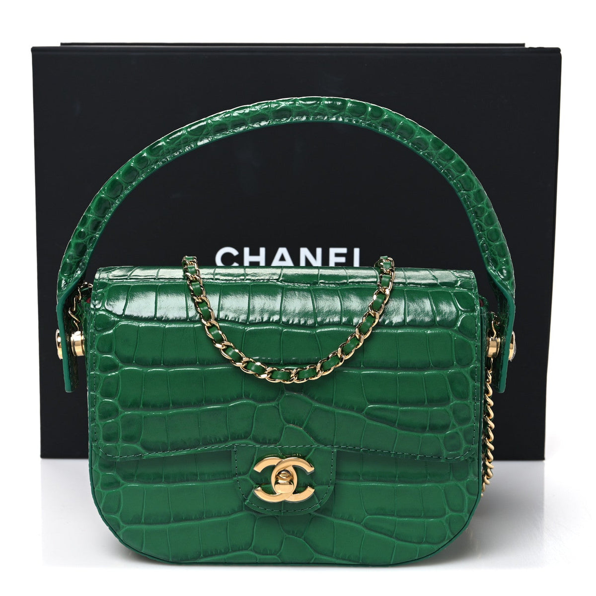 Crocodile Embossed Calfskin Turn Around Mini Flap Bag With Top Handle  Green