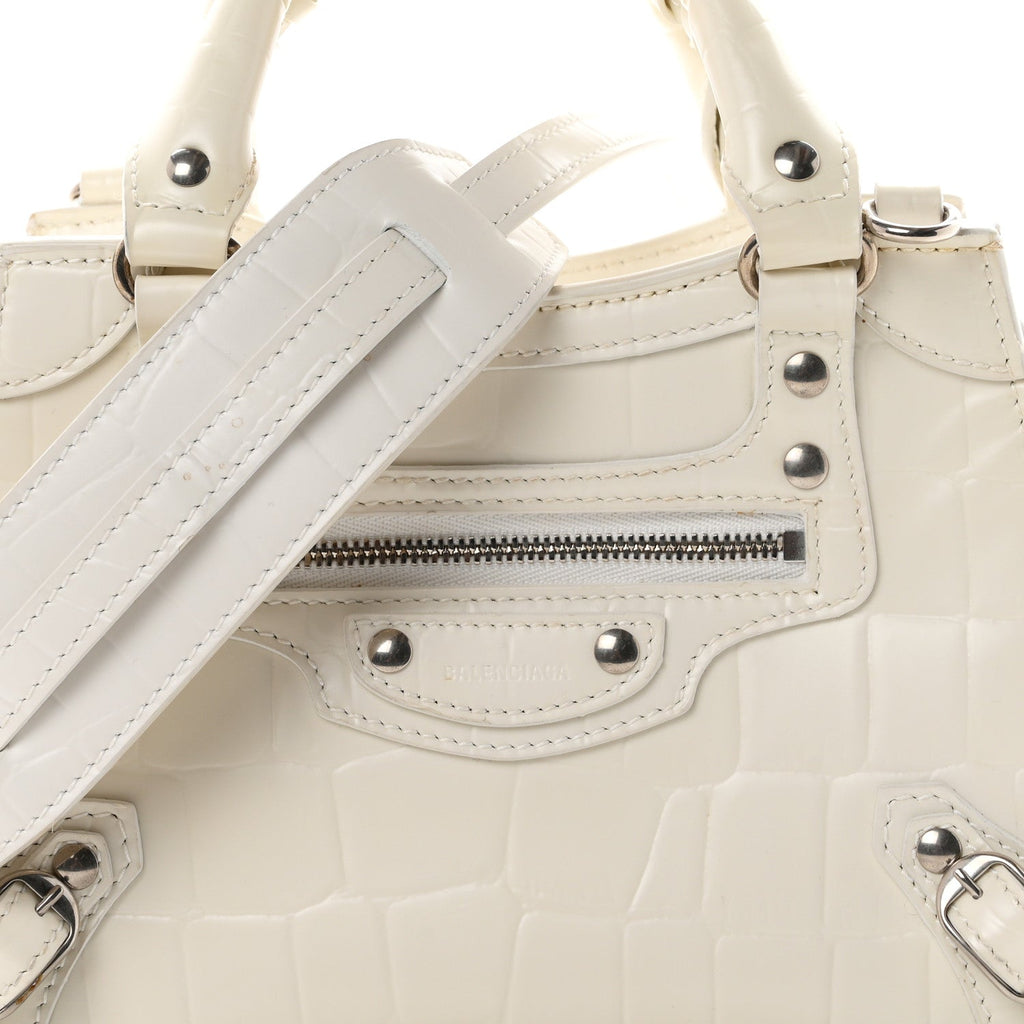 Semi Shiny Calfskin Crocodile Embossed Neo Classic Silver Hardware Mini City White
