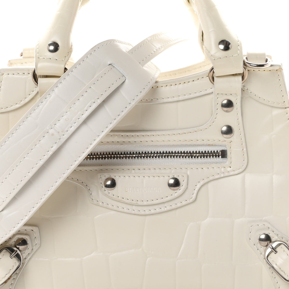 Semi Shiny Calfskin Crocodile Embossed Neo Classic Silver Hardware Mini City White