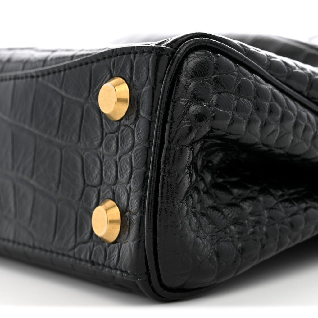 Shiny Calfskin Crocodile Embossed Mini Rodeo Top Handle Handbag Black