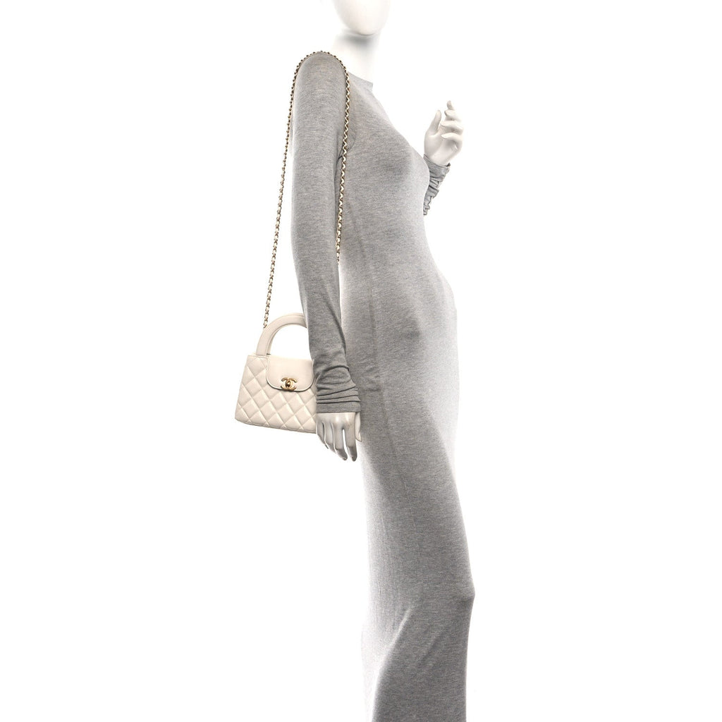 Shiny Aged Calfskin Quilted Nano Kelly Shopper White