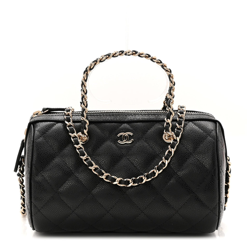 Caviar Quilted Barrel Clutch With Chain Black