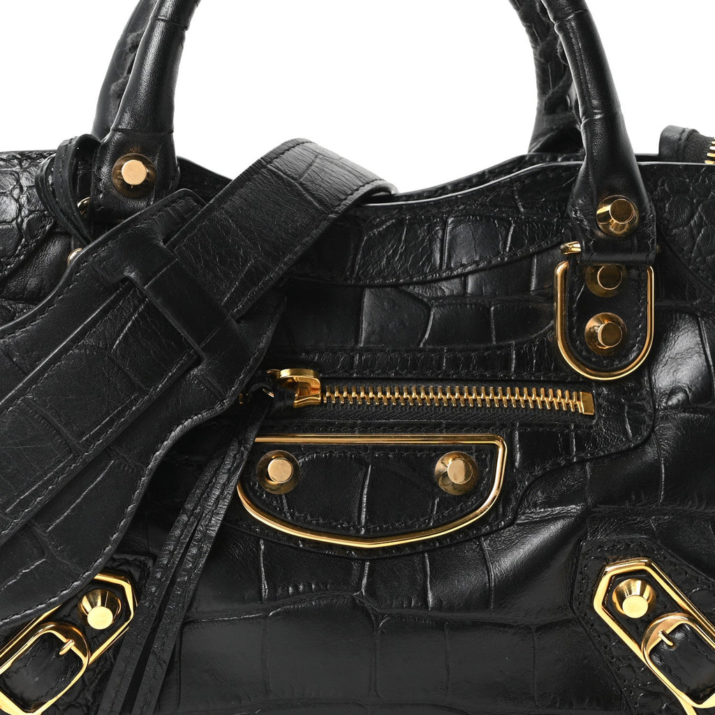 Calfskin Crocodile Embossed Gold Metallic Edge Hardware Mini City Black
