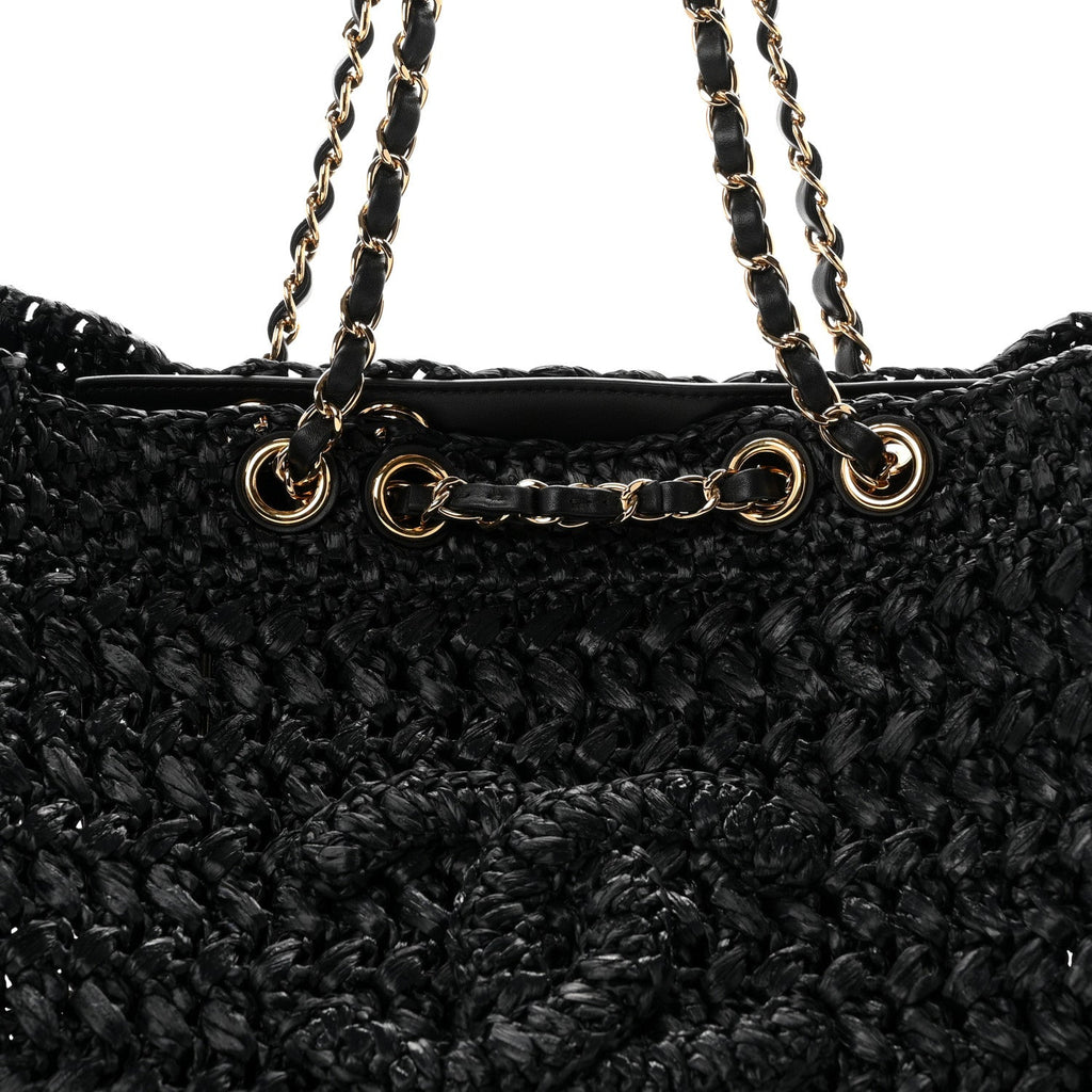 Raffia Effect Calfskin Coco Beach Shopping Tote Black